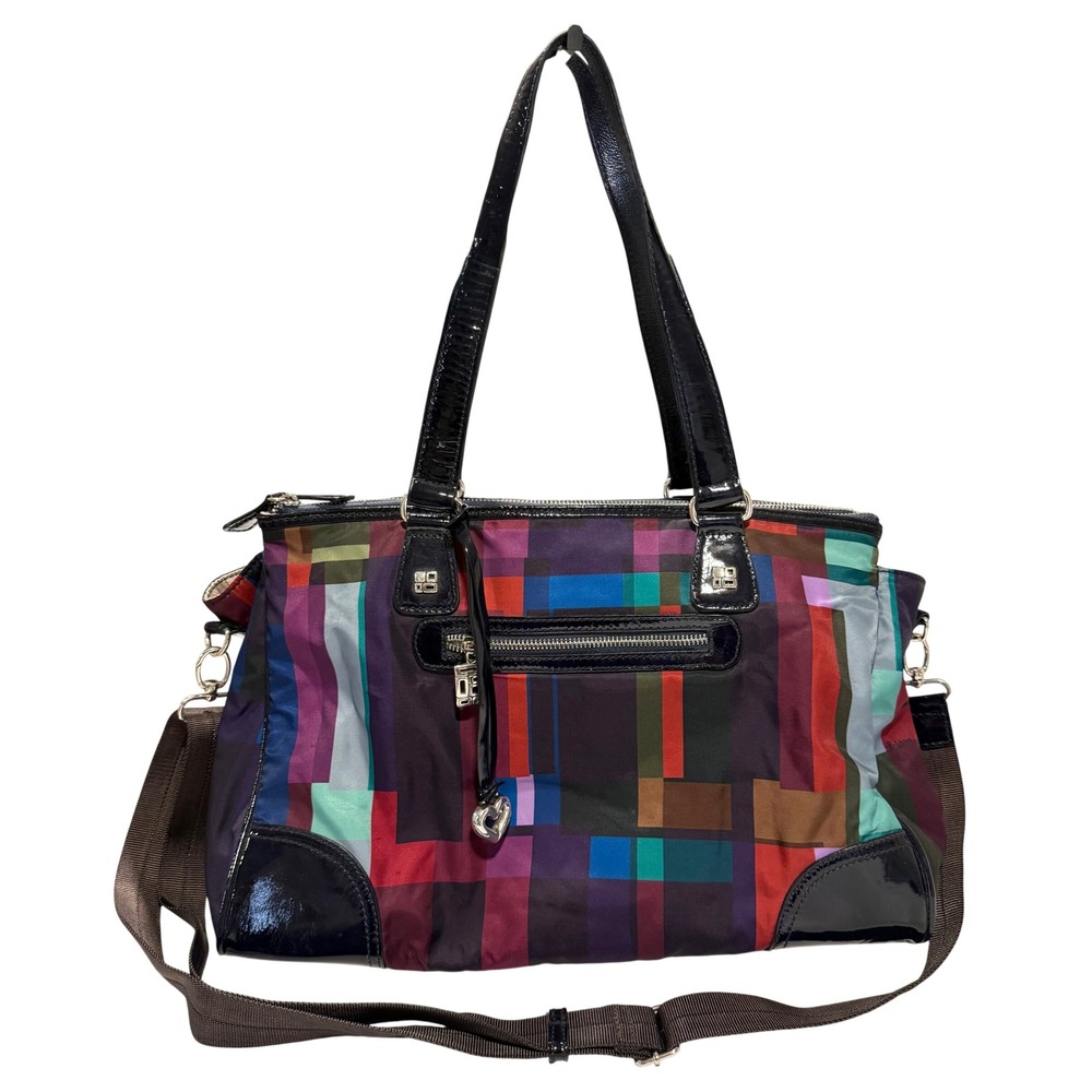 Brighton Multicolor Geometric Nylon Satchel Patent Trim Crossbody Bag